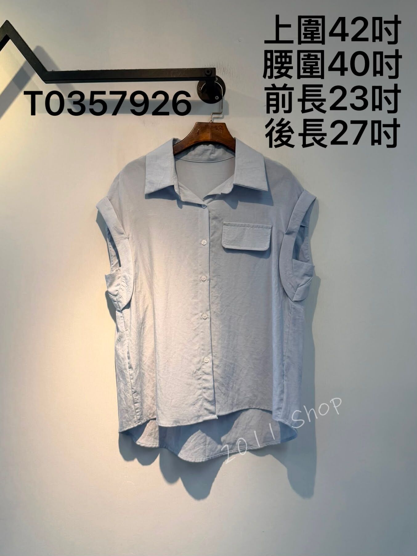 前短後長假口袋褶袖恤衫  上圍42吋 腰圍40吋 前長23吋 後長27吋  T0357926