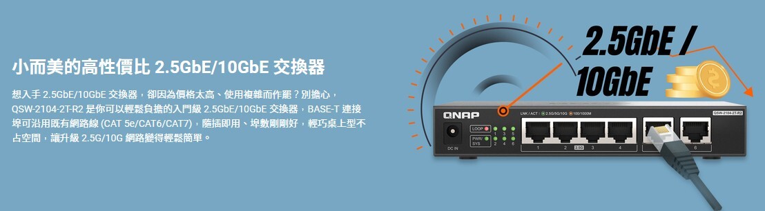 QNAP 威聯通 QSW-2104-2T-R2 2.5G 10G Multi-Gig 無網管 交換器 RJ45