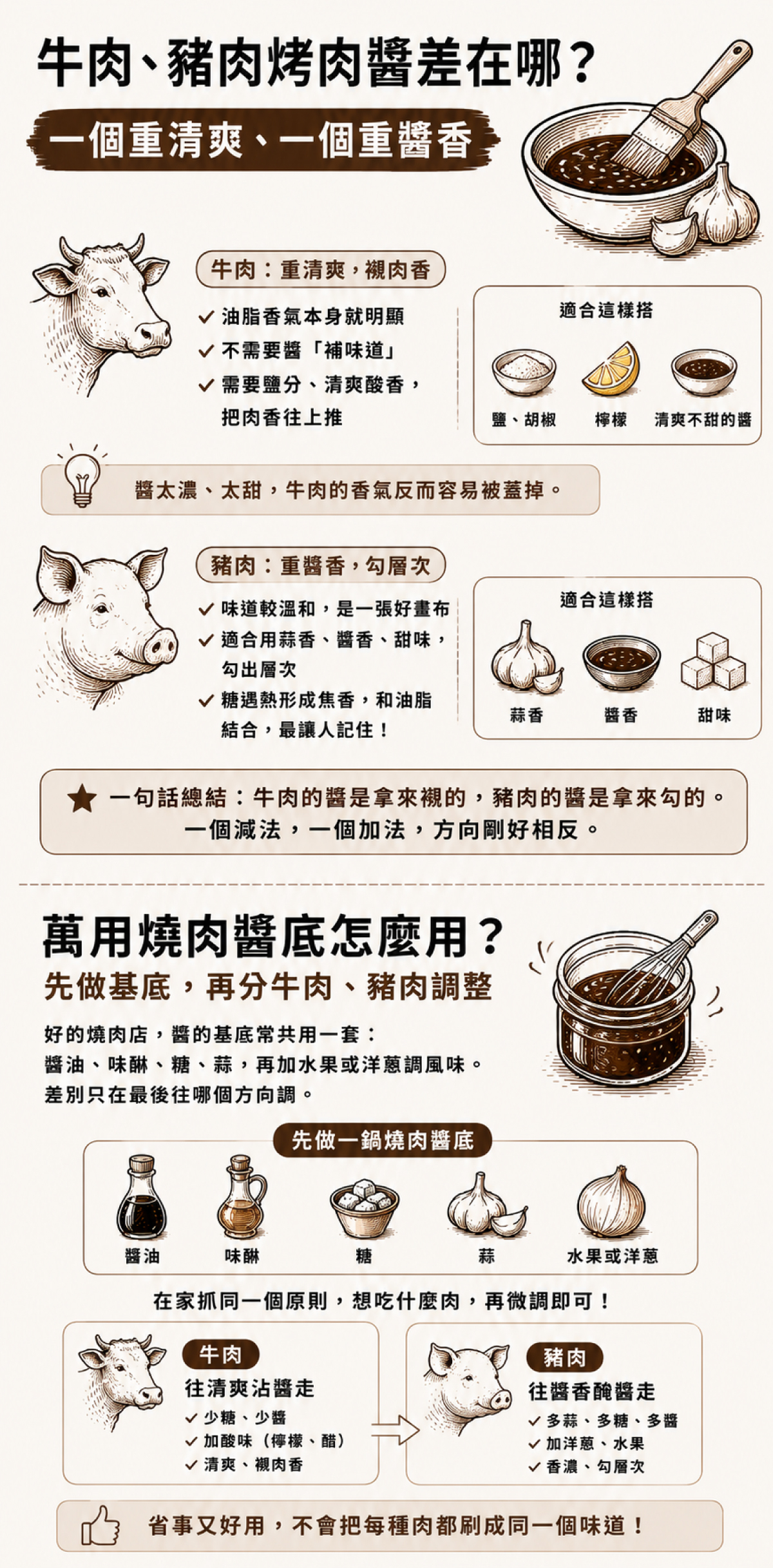 牛肉的醬是拿來襯的，豬肉的醬是拿來勾的。
