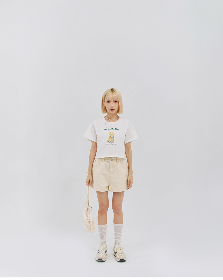 Cat-print embroidered short top, available in two colors.【01099804】in stock+pre-order