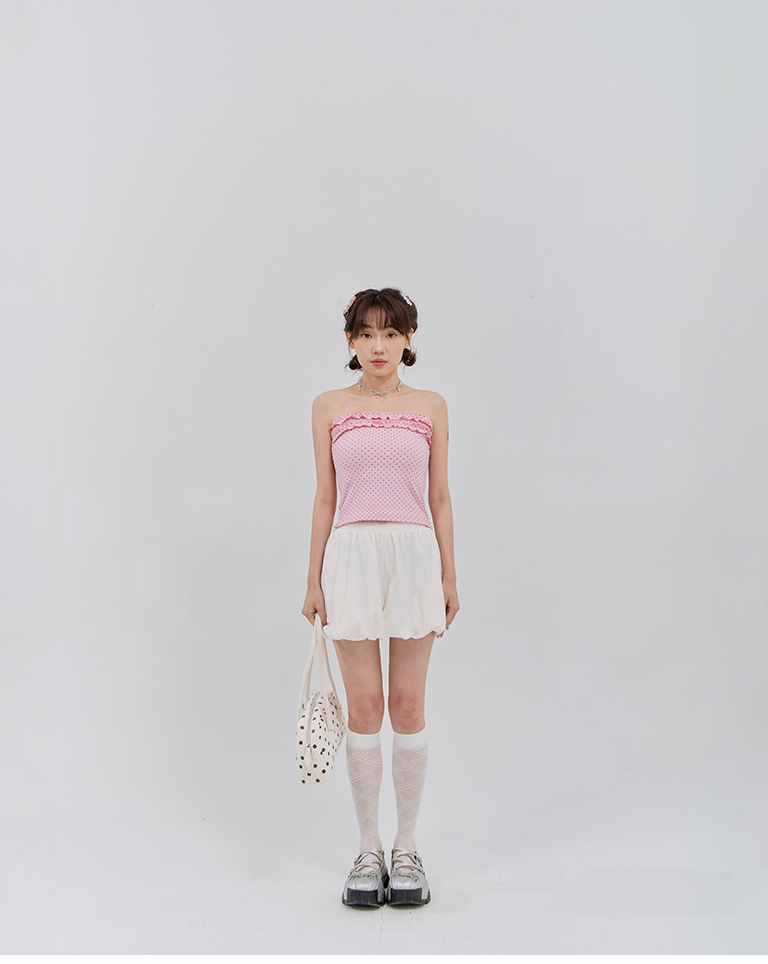 Polka dot ruffle design, strapless vest, available in three colors.【01099812】in stock+pre-order