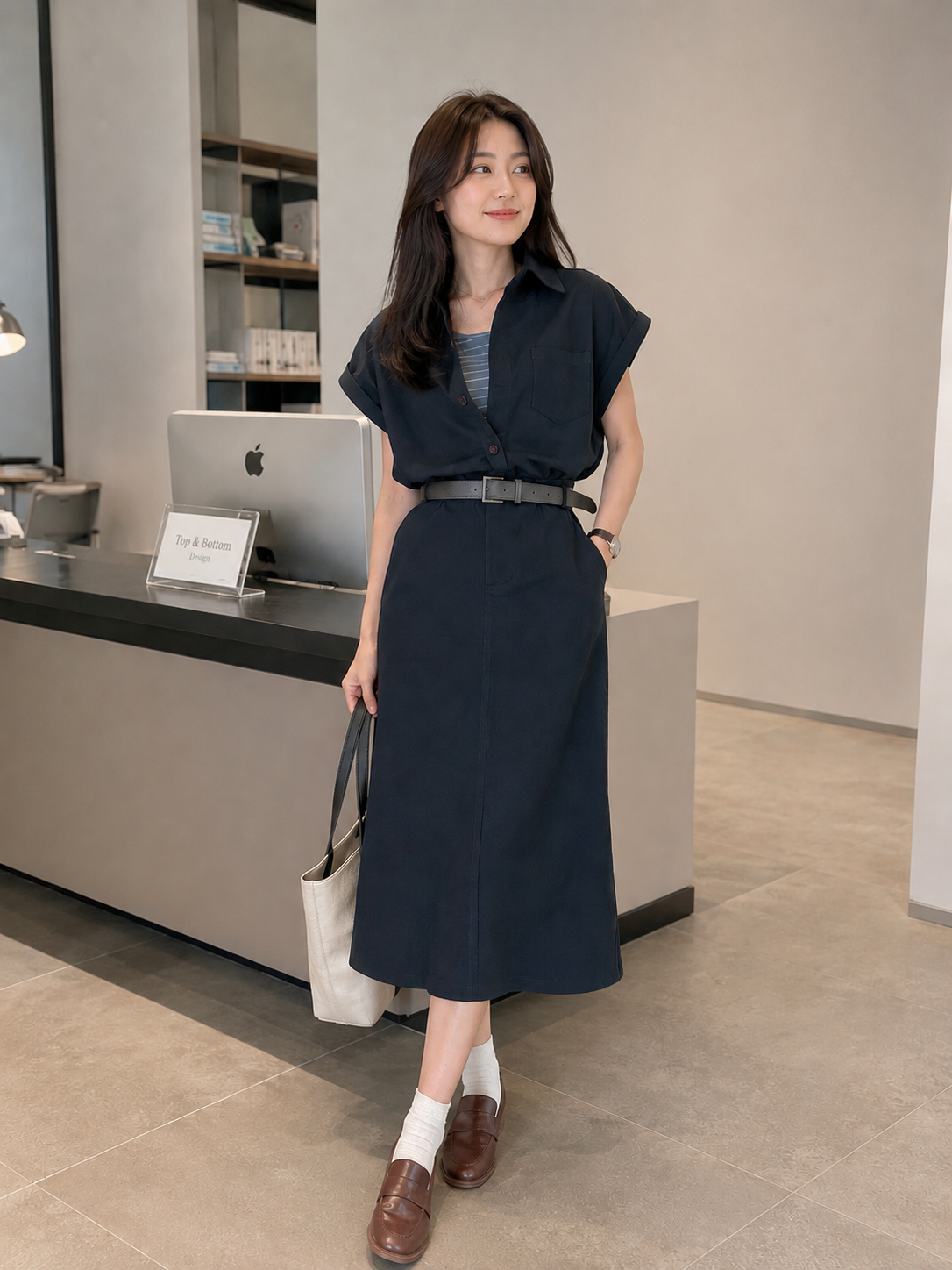 SLEEVELESS COLLARED COTTON SHIRT DRESS WITH BELT & INNER SINGLET