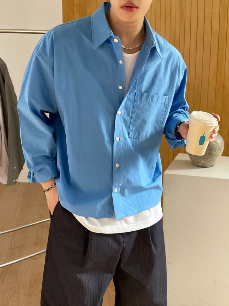 韓版夏季防曬簡約風短版藍色襯衫