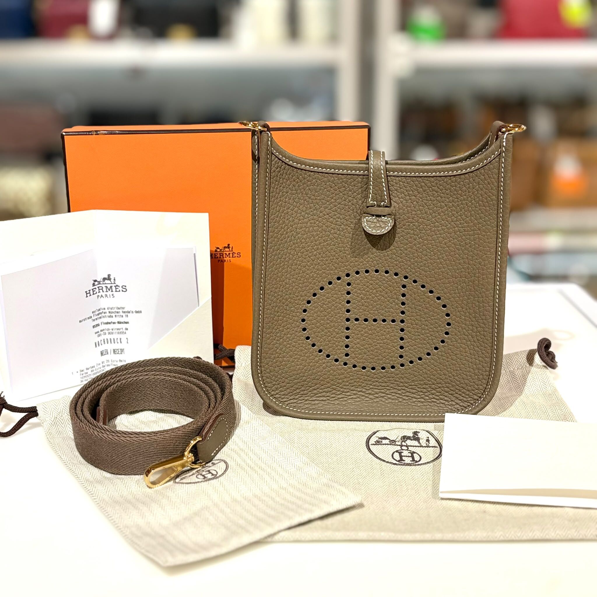 全新HERMES MINI EVELYNE 大象灰 G刻 TC皮/金扣 E16 #BRAND NEW #香榭站正品
