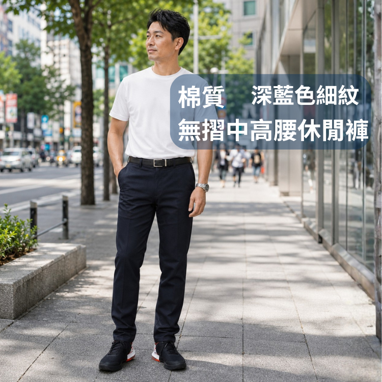 甄褲｜深藍色細紋_棉質休閒褲｜中高腰中直筒・薄款彈性・透氣吸汗（30~43 吋）免費改長