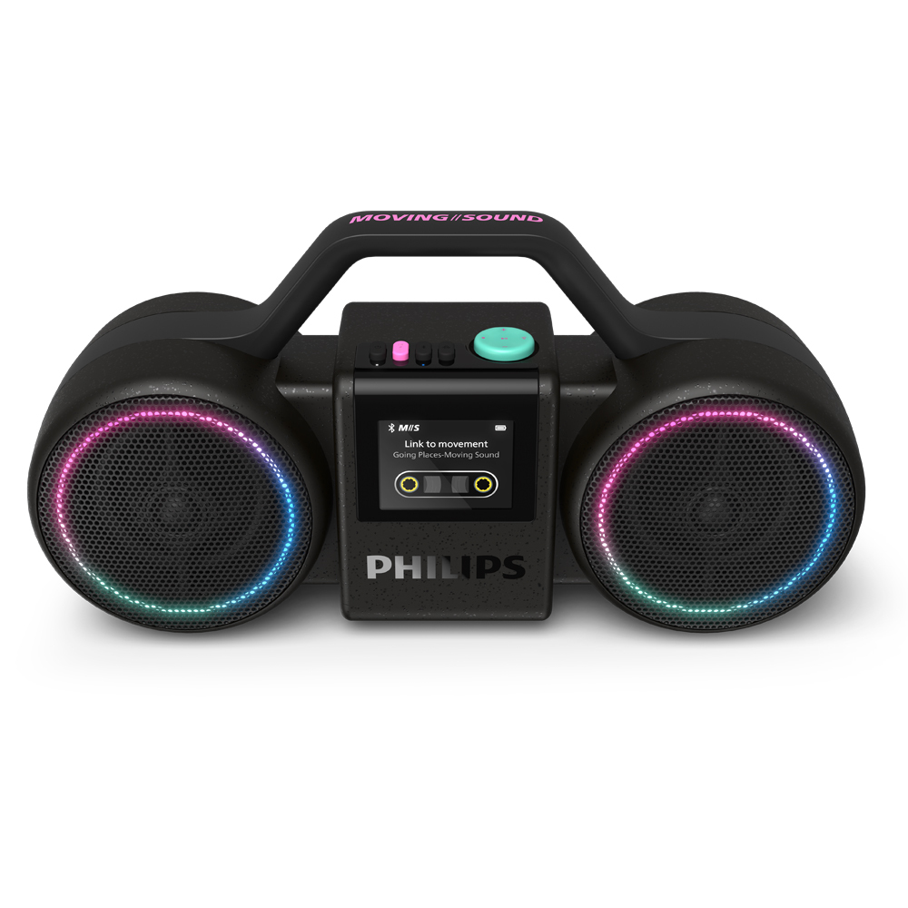 PHILIPS Moving Sound The Roller MS60 黑色復古藍牙喇叭正面，搭載彩色螢幕與雙側 LED 燈環