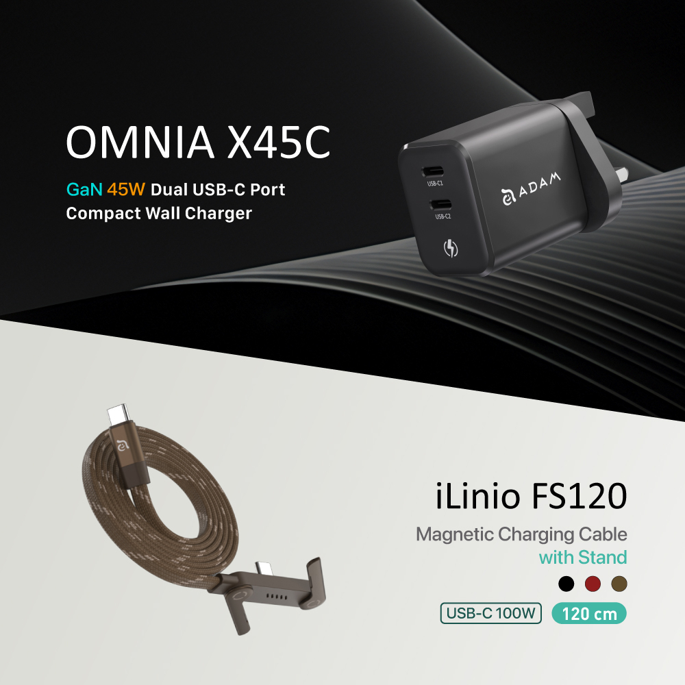iLinio FS120 USB-C 100W Magnetic Charging Cable with stand + OMNIA X45C GaN 45W Dual Port Compact Wall Charger (UK Plug)