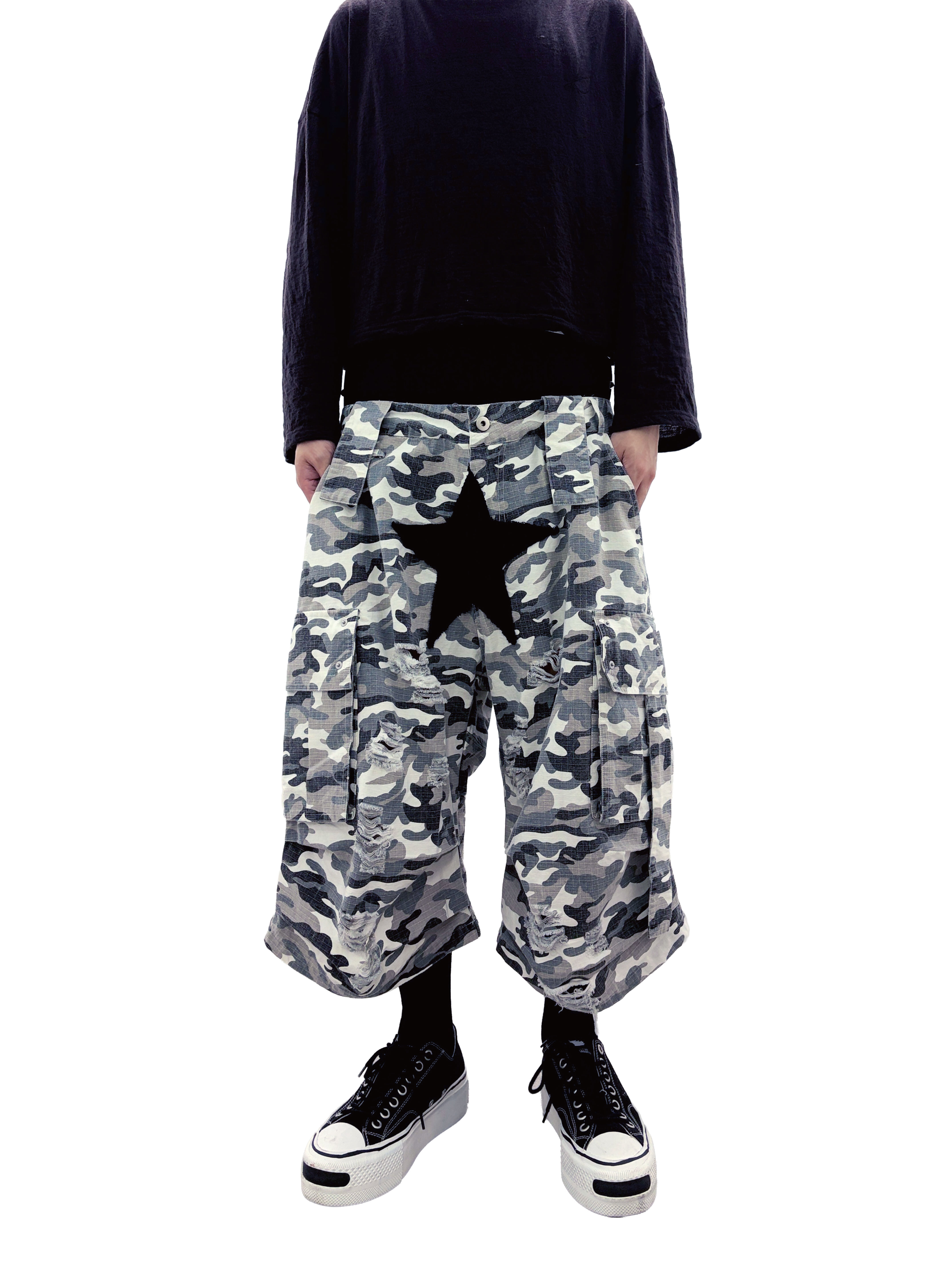 Fashion Killia STAR BADGE CAMO CROPPED PANTS 雙褲頭 迷彩 破壞 八分褲