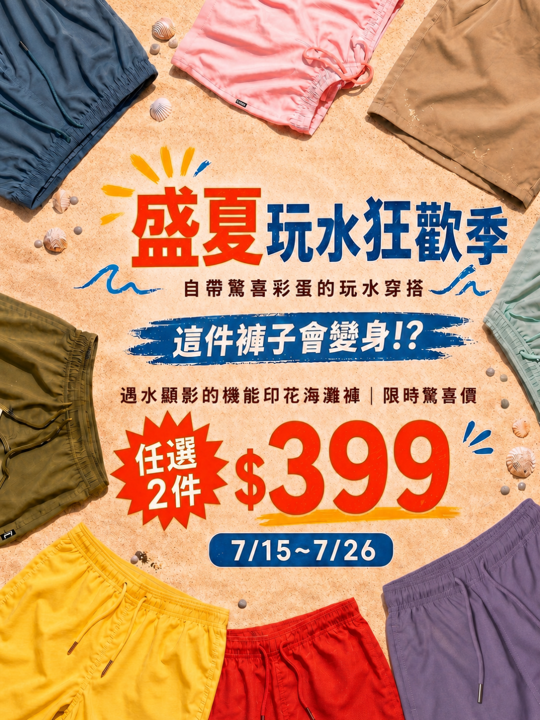 樹懶機能印花海灘褲