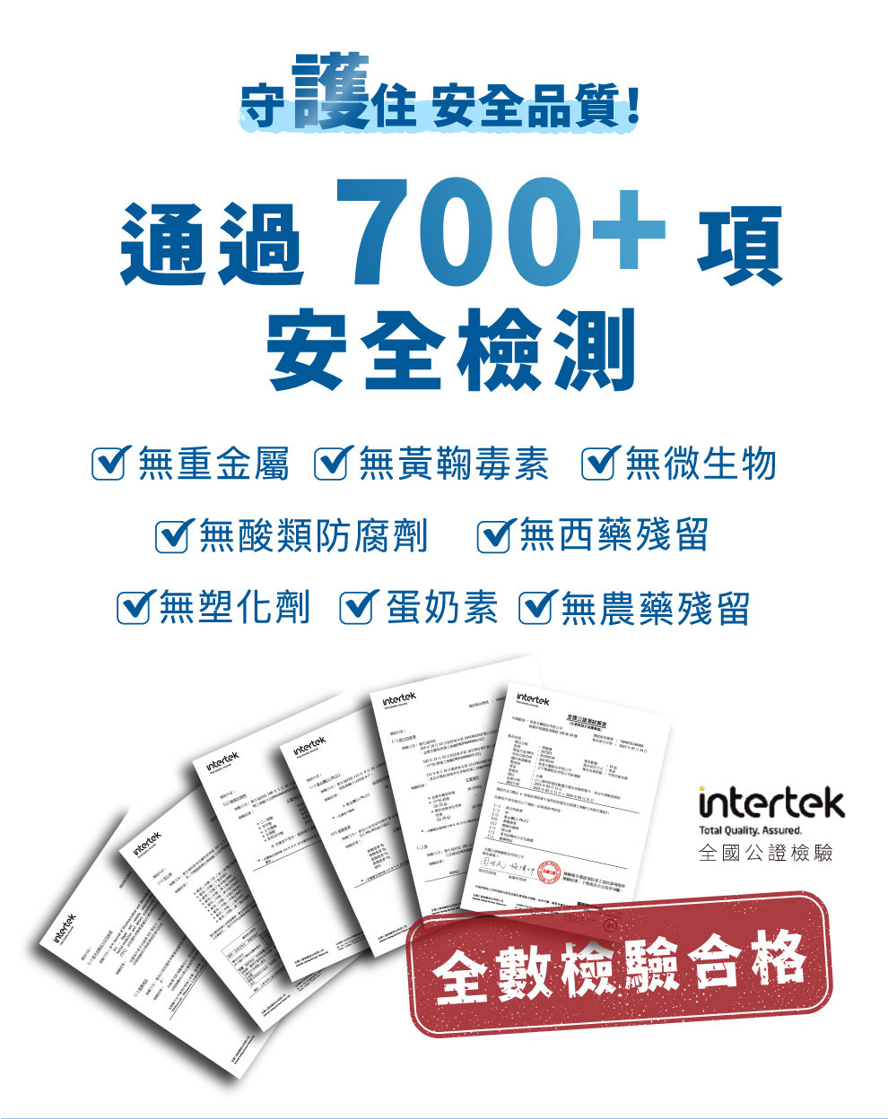 捍幽適通過700項以上安全檢驗，不含重金屬、黃麴毒素、微生物、防腐劑、西藥殘留、塑化劑、農藥