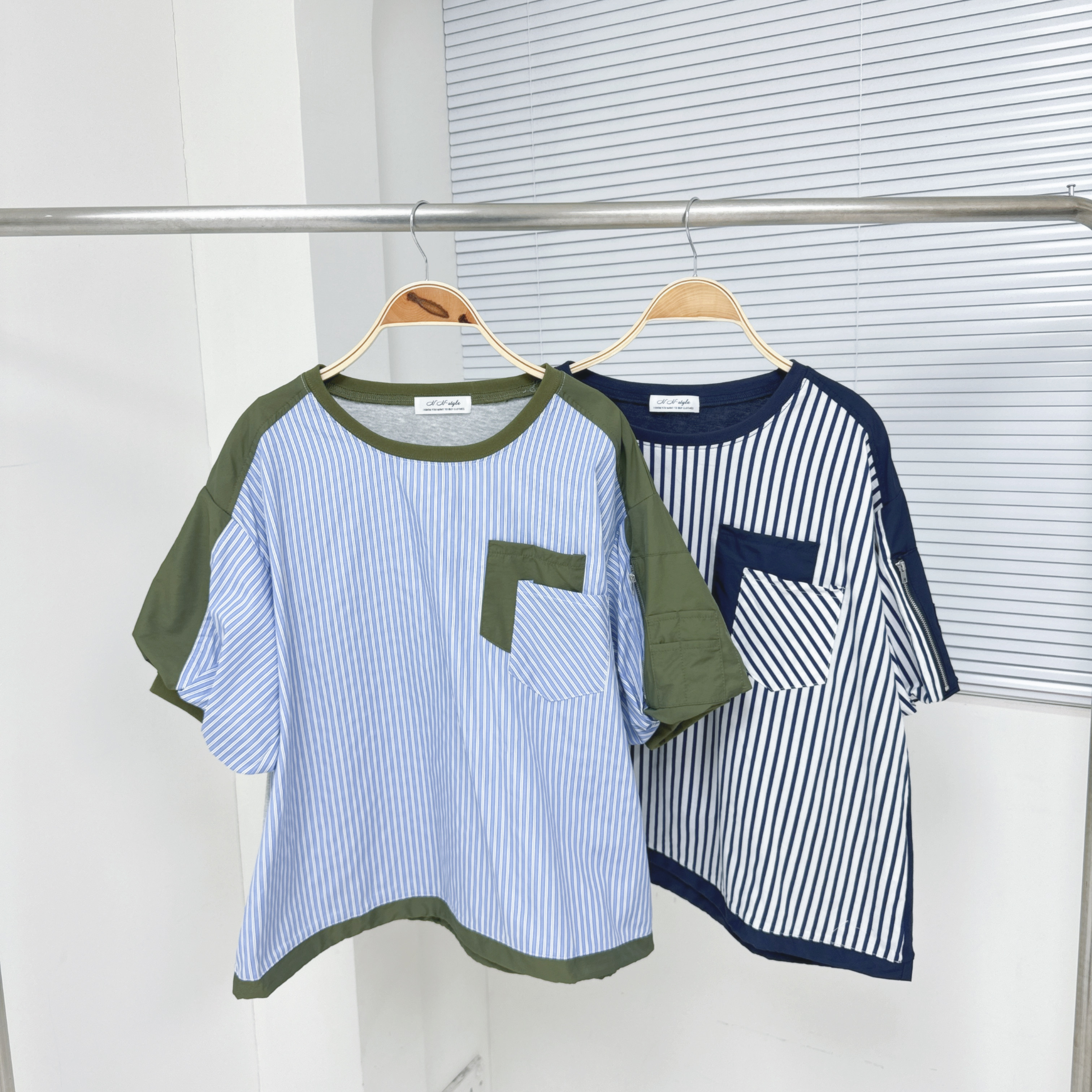 【廠家制】拼條子泡泡袖TOP (E34-E35)