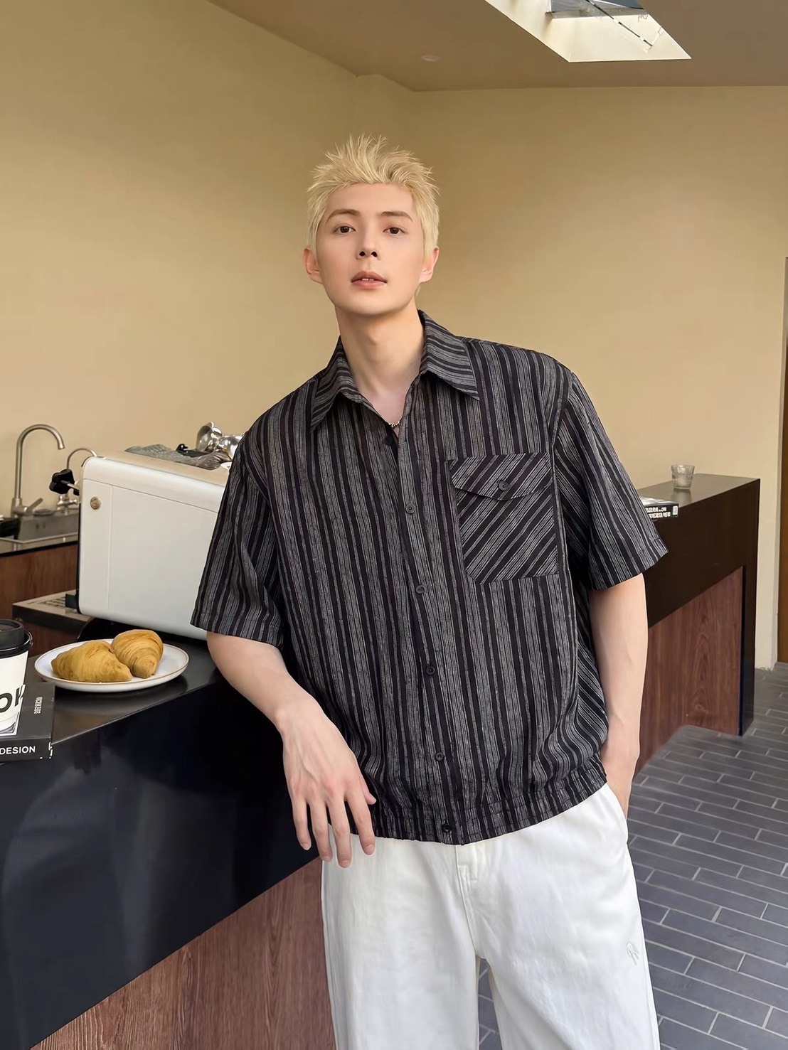 American Vintage Elastic-Hem Striped Short-Sleeve Shirt