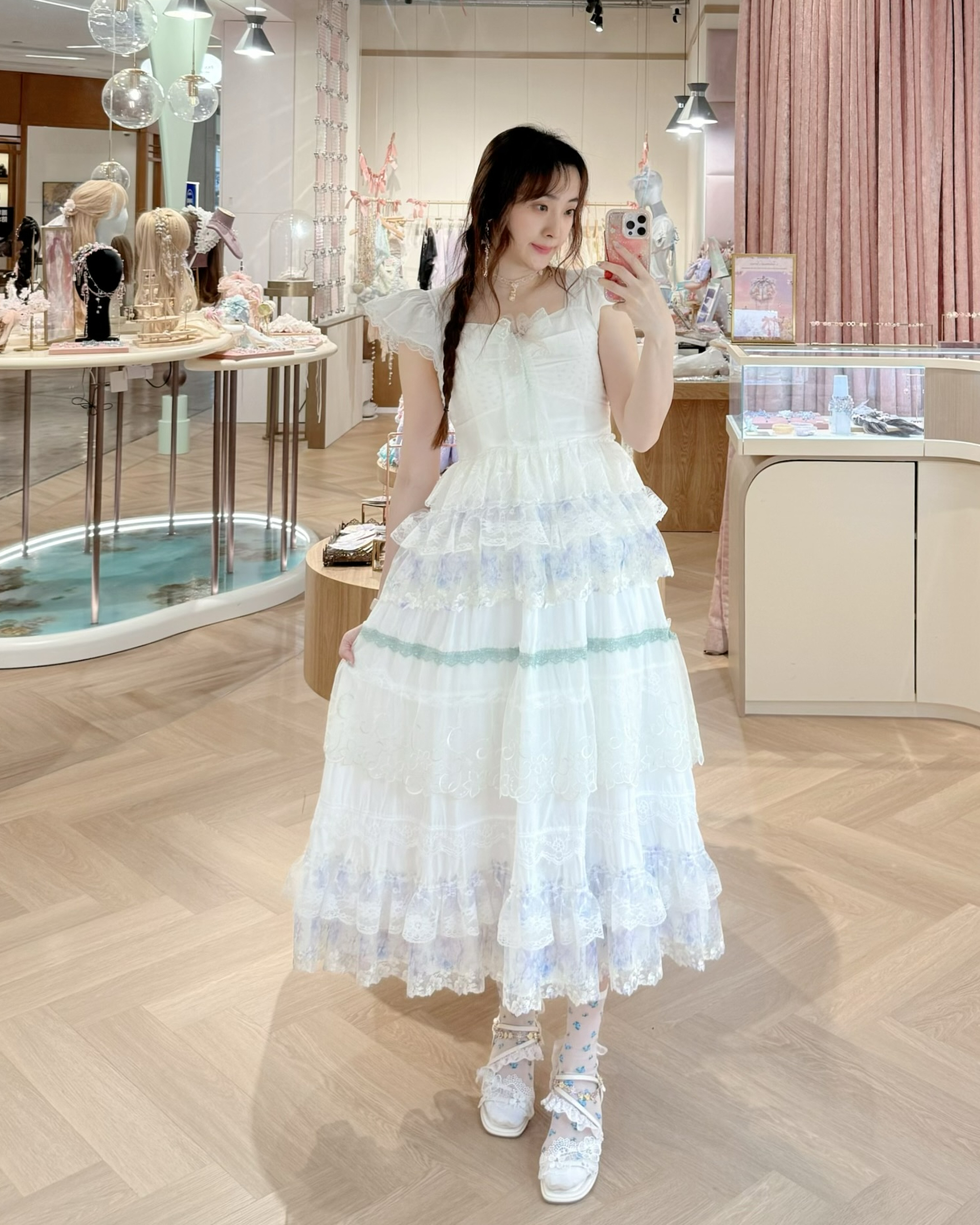 13854 Cake Layer Lace Square-Neck One-Piece Dress