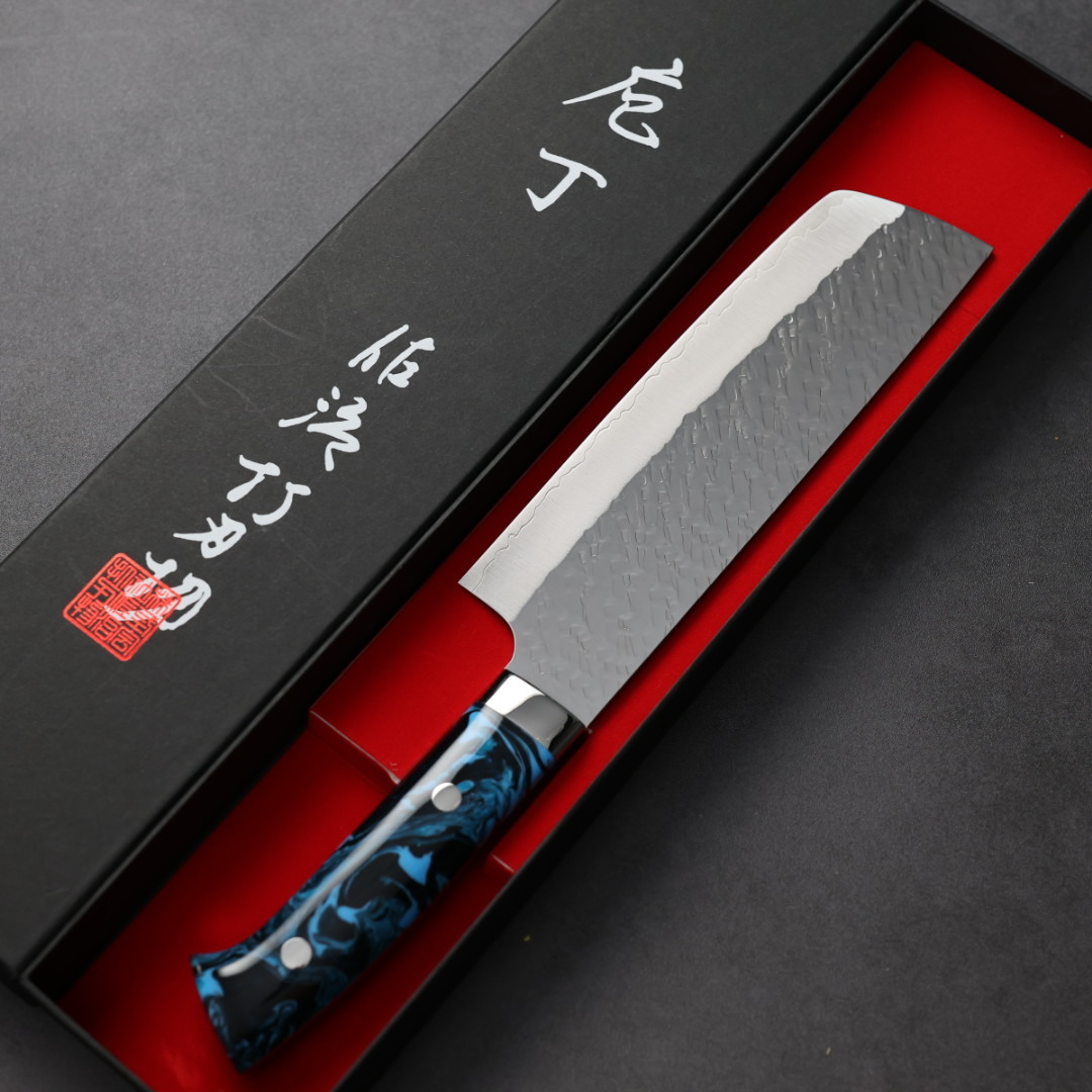 佐治武士 菜切 170mm SG Strix鋼 鎚目 藍壓克力柄