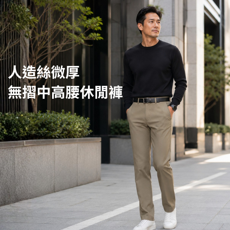 甄褲｜人造絲微厚休閒褲｜中高腰直筒・無摺設計・四季可穿（30~43 吋）免費改長