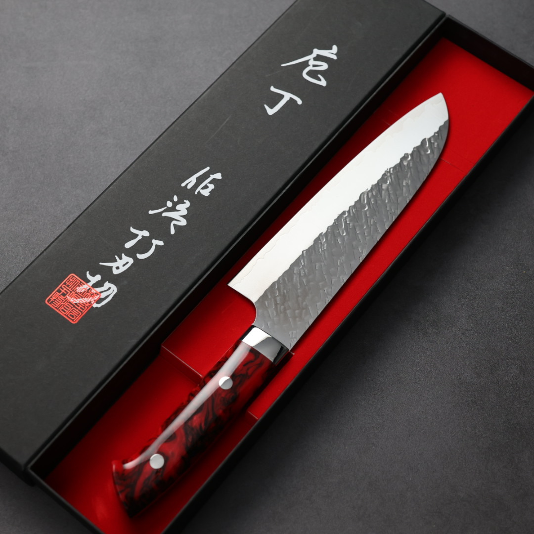 佐治武士 三德 180mm SG Strix鋼 鎚目 紅壓克力柄