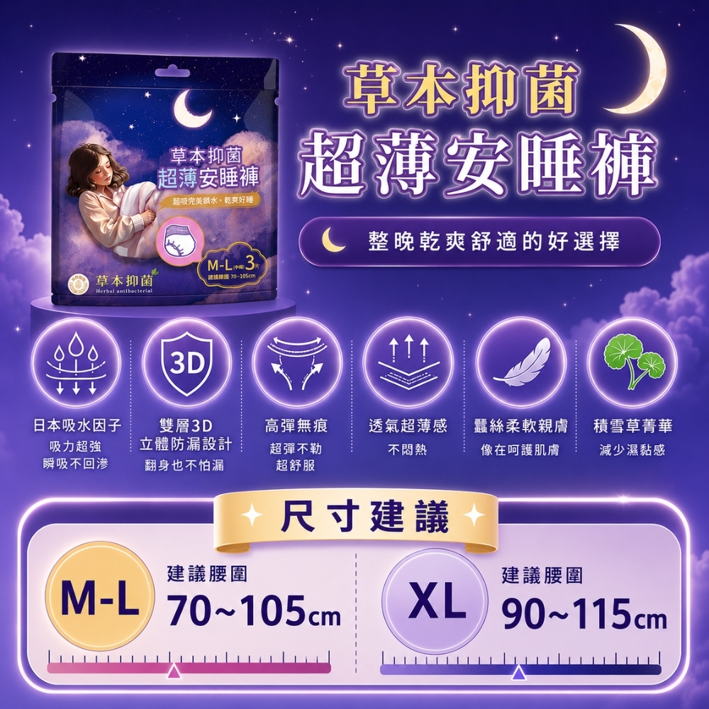 (箱購) 寶貝妮 草本抑菌 超薄安睡褲 M-XL (3片組) x16袋 (共48件)