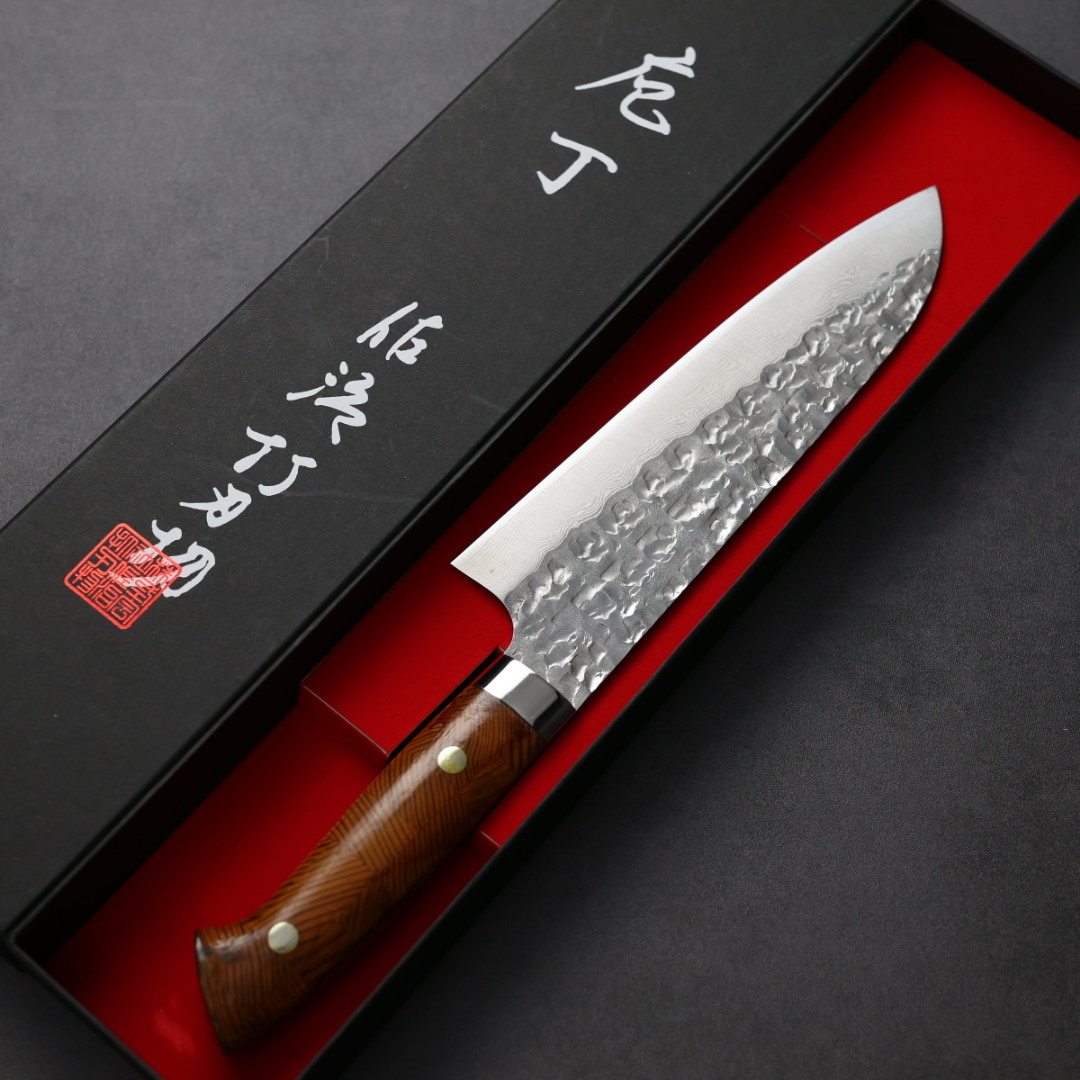 佐治武士 三德 180mm VG10鋼 鎚目大馬士革 組子木柄