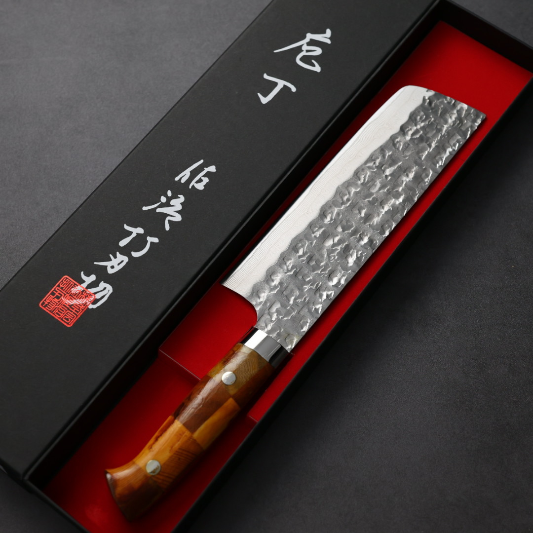 佐治武士 菜切 165mm VG10鋼 鎚目大馬士革 組子木柄