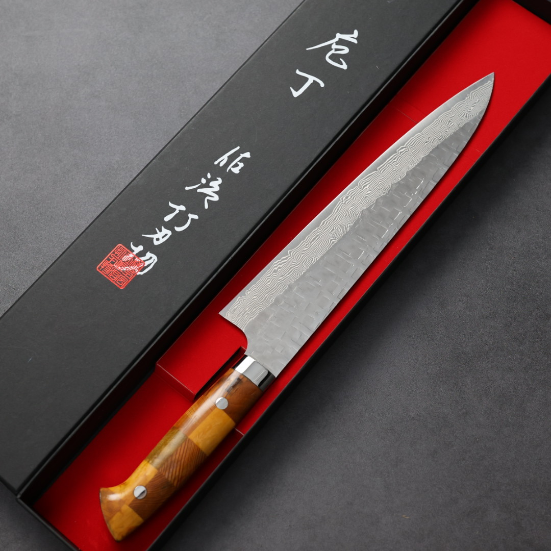 佐治武士 牛刀 240mm VG10鋼 鎚目大馬士革 組子木柄