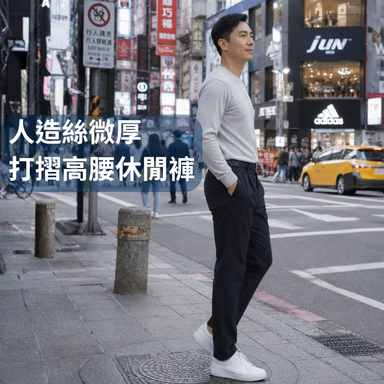甄褲｜人造絲微厚高腰休閒褲｜打摺設計・絲棉觸感・透氣排汗（30~46 吋）免費改長