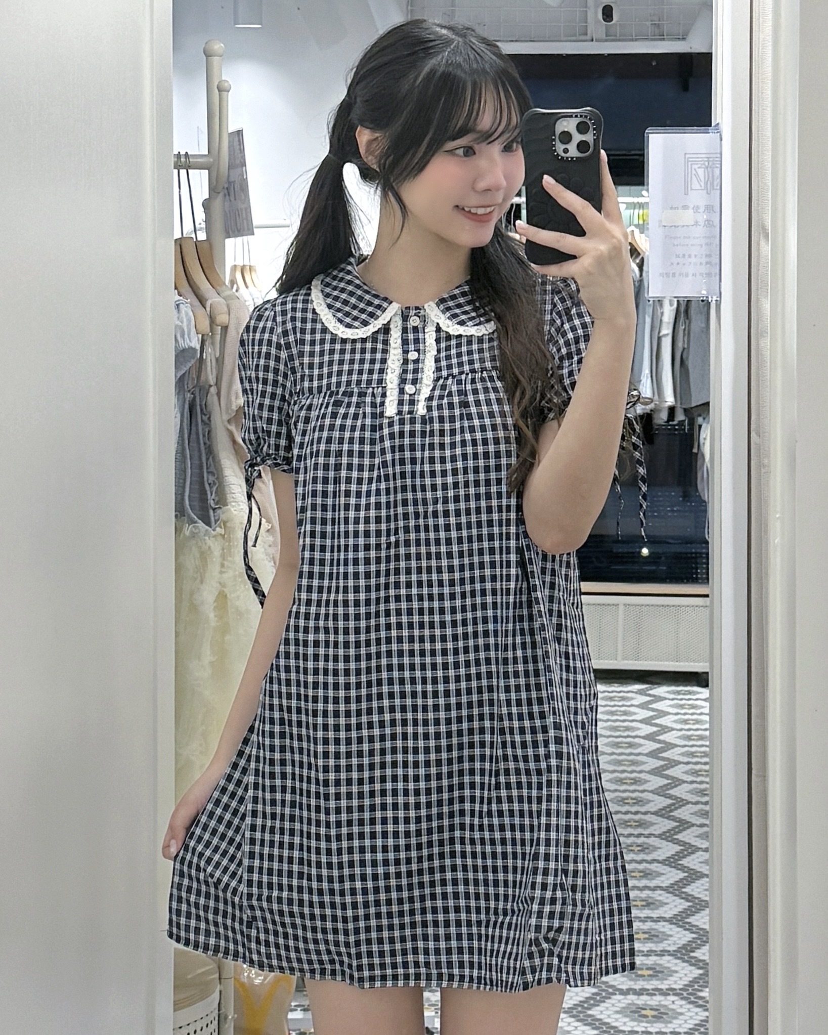 （停產）OP0293｜可愛田園感蕾絲泡泡袖鈕扣格紋上衣OPS ˚.🎀༘⋆