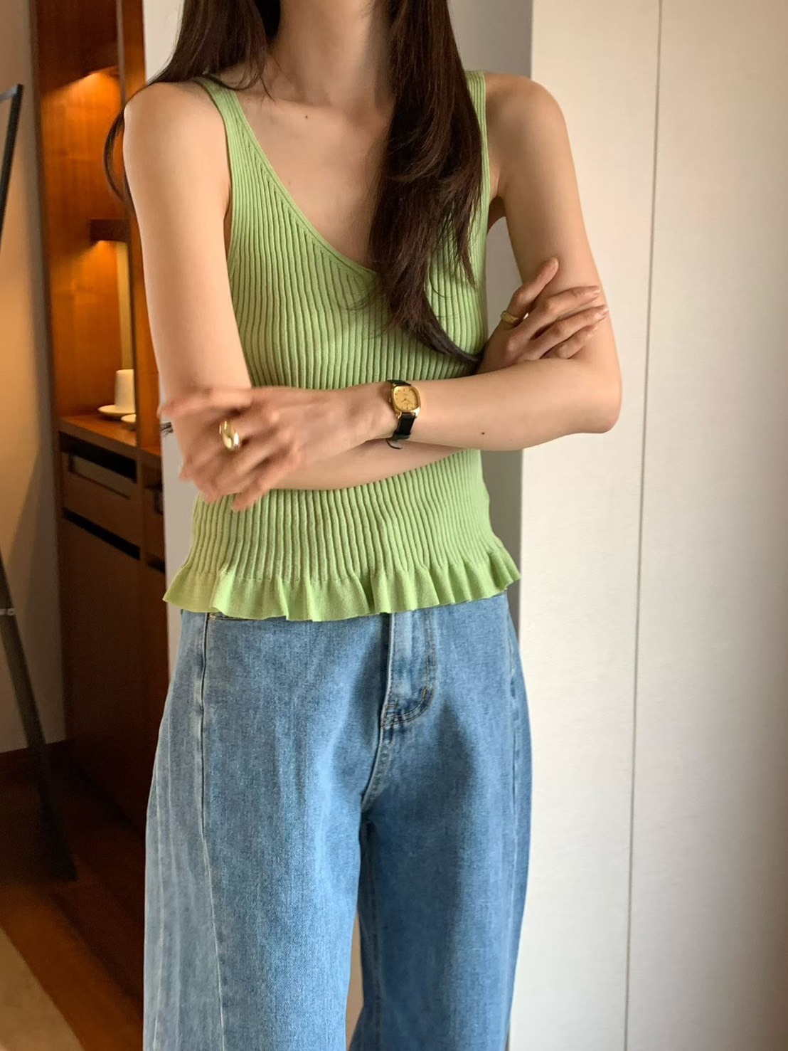 V領編織彈性坑條背心