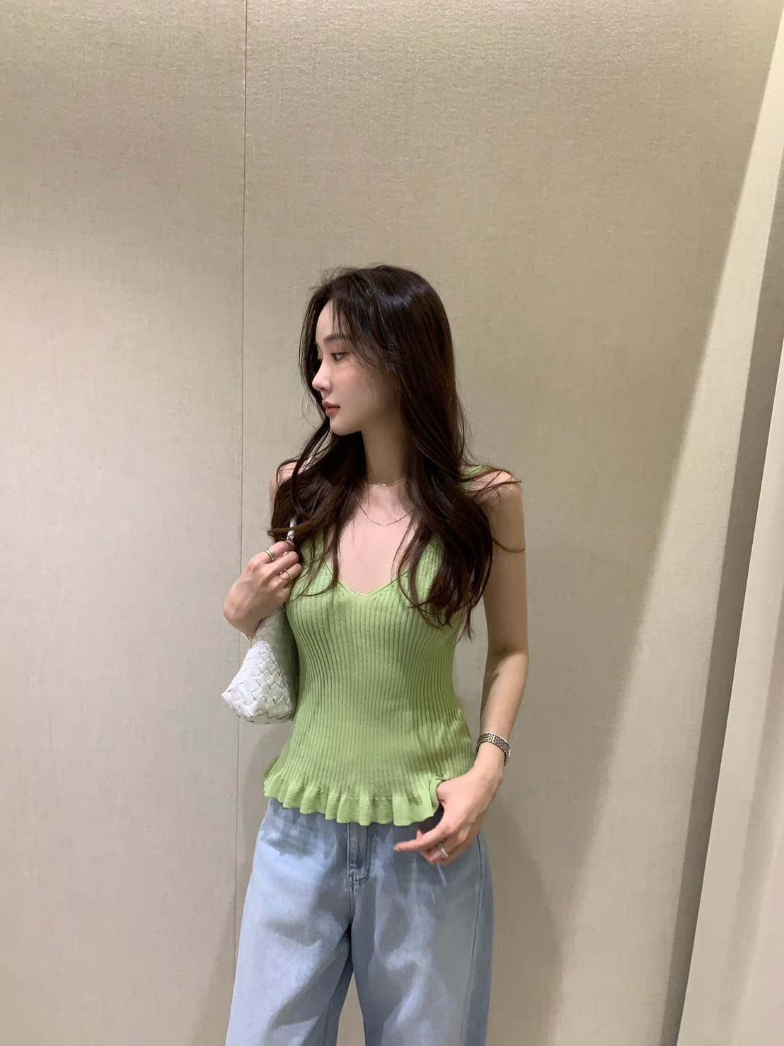 V領編織彈性坑條背心