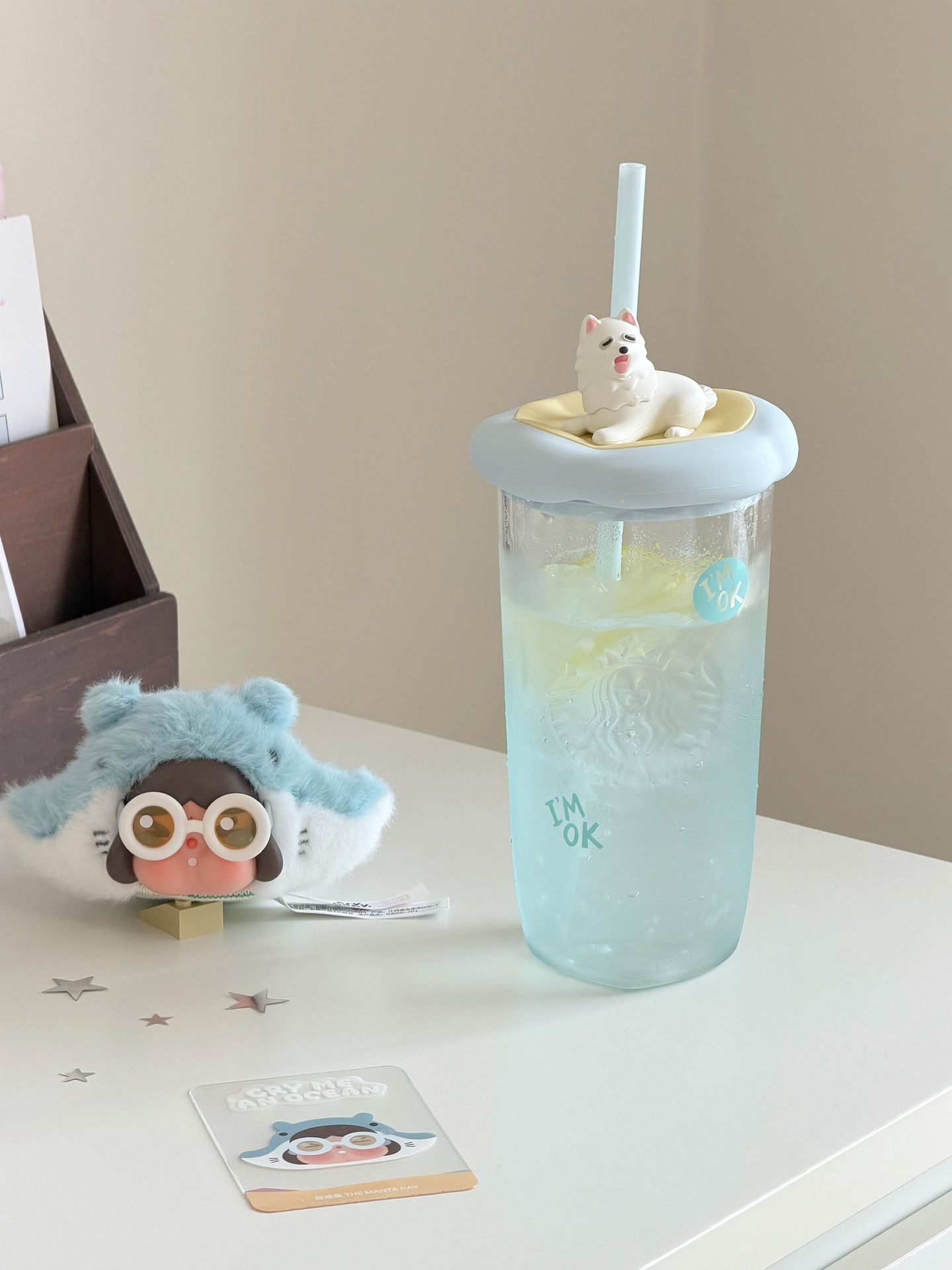 代購-Starbucks 星巴克 打哈欠狗狗 白柴 愛心掌掌杯底 吸管玻璃杯 500ml