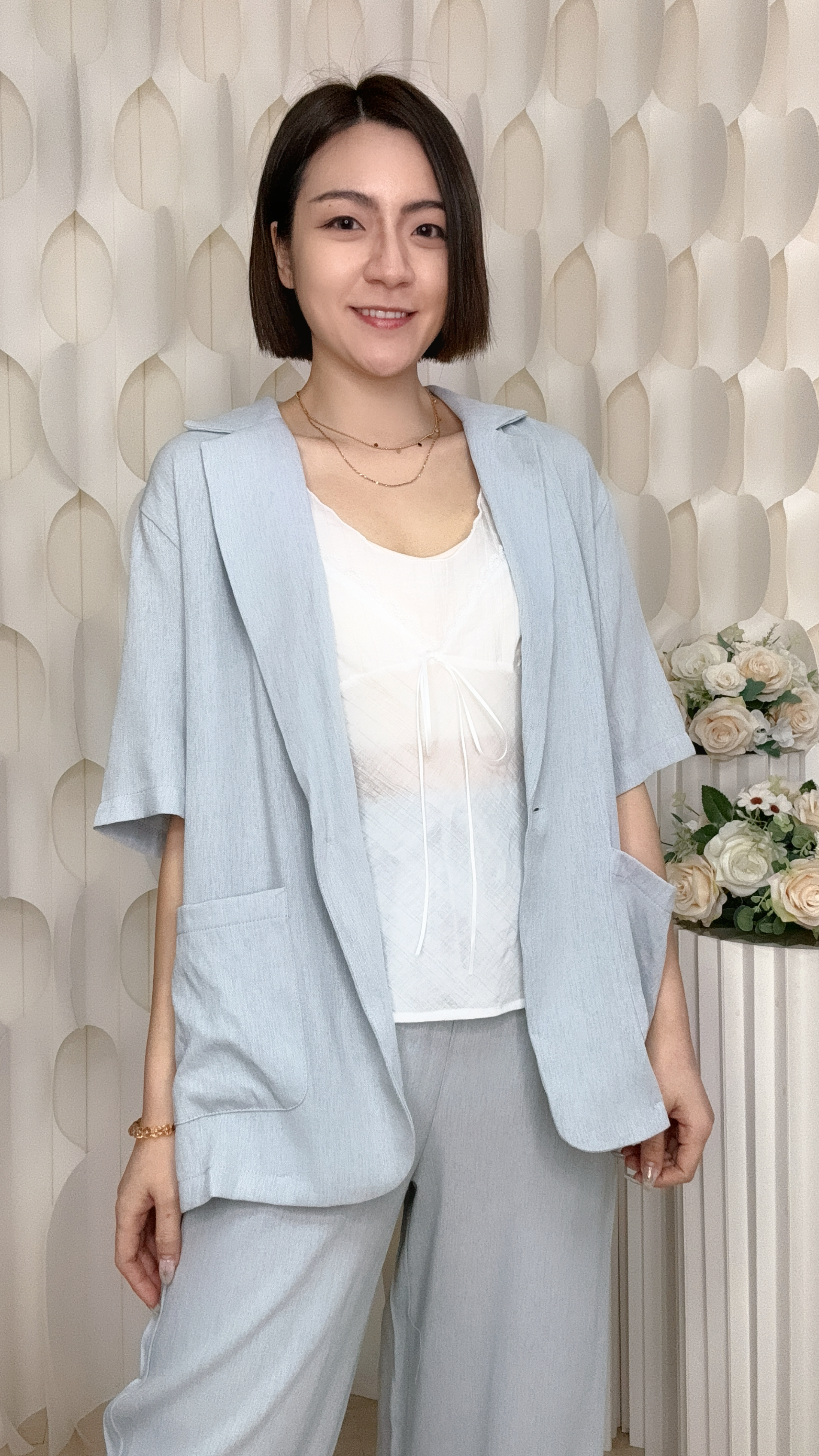單扣雙口袋薄棉麻上衣外套長褲套裝(上胸46 腰44 長27吋/下腰26-36 臀42 長39吋) 58247 #1407clo