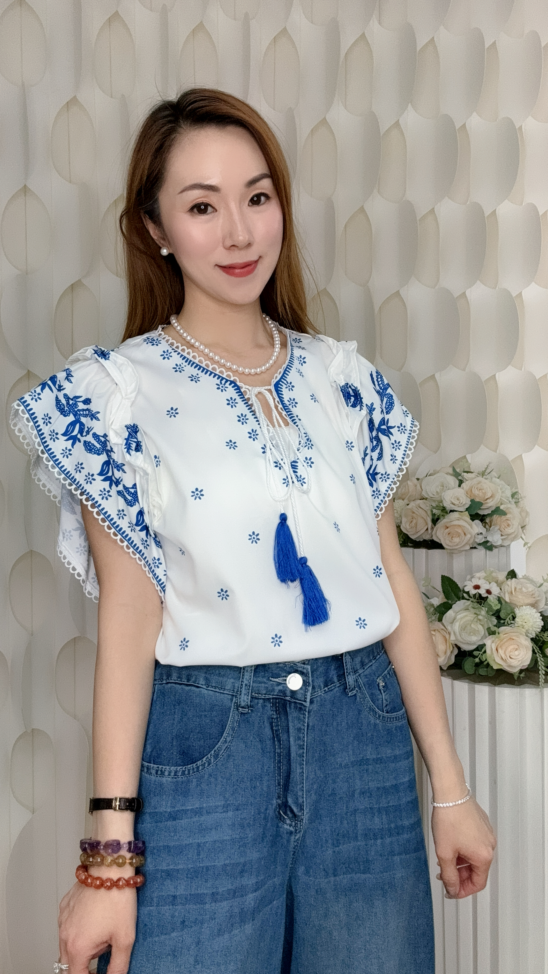 刺繡花卉荷葉流蘇綁帶飛袖雪紡上衣(胸40 腰40 長22吋) 58160 #1407clo