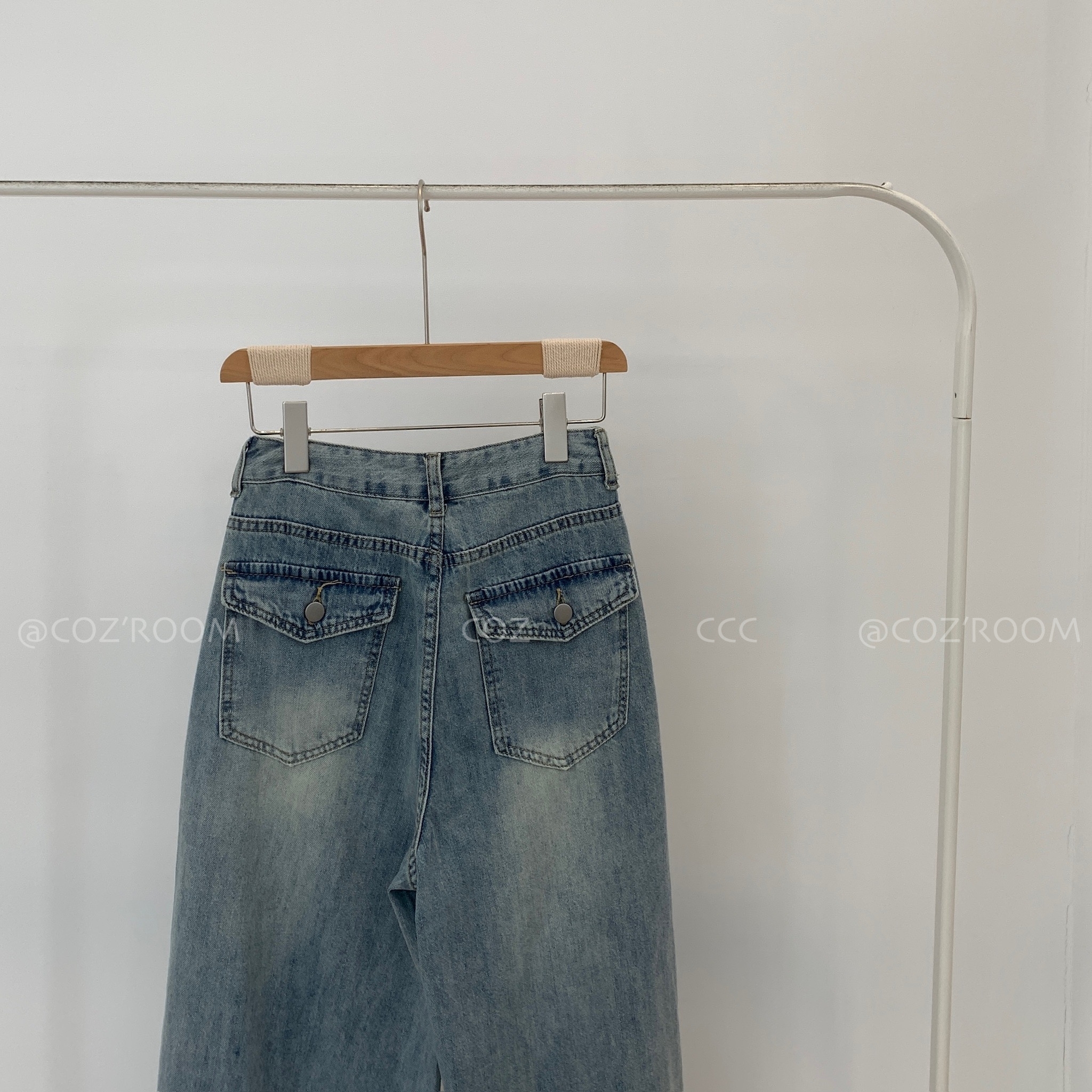 101cm 屁有口袋的漂亮藍軟薄牛仔直筒寬褲 SML _1063