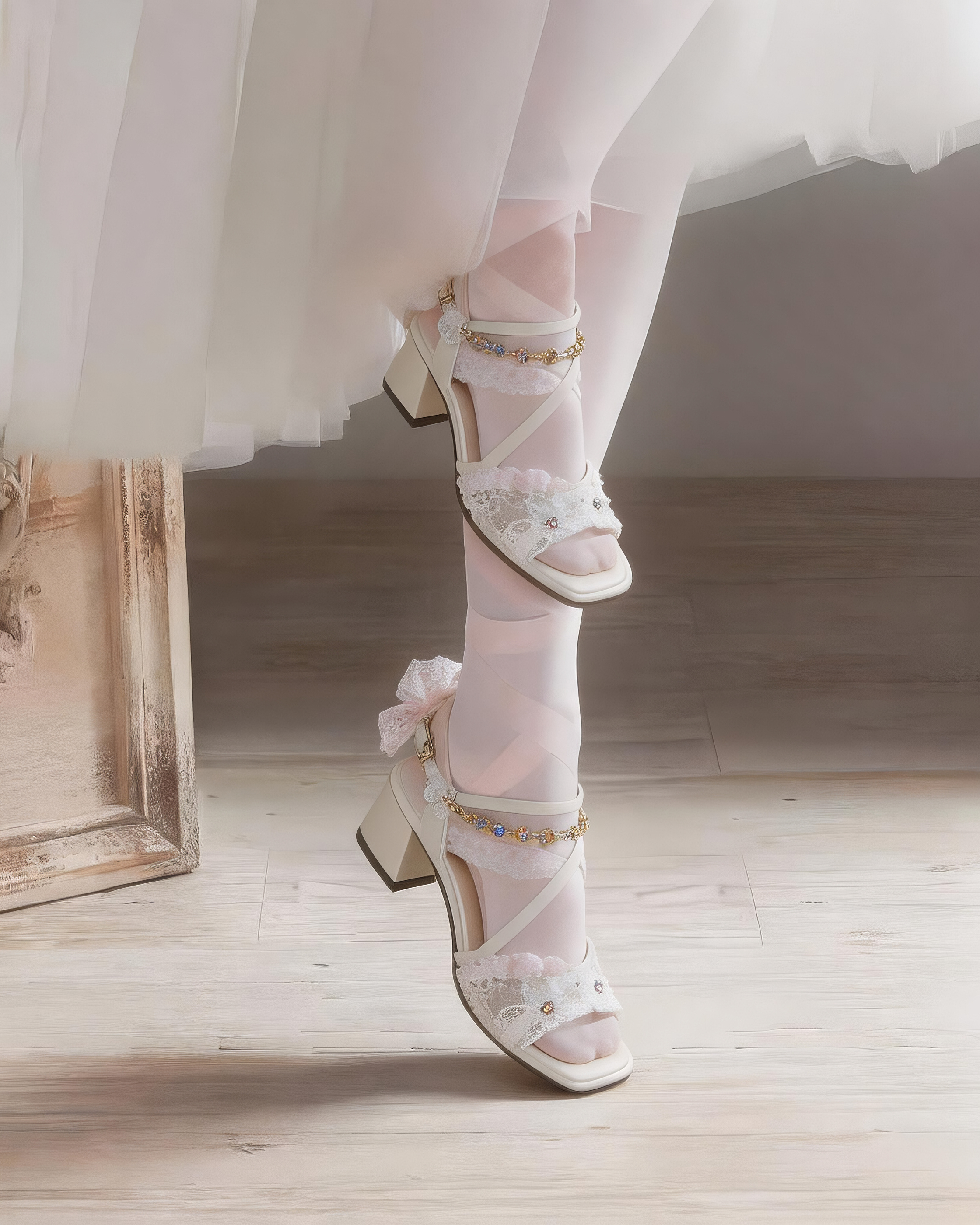 Feather Dream Crystal & Lace Sandals