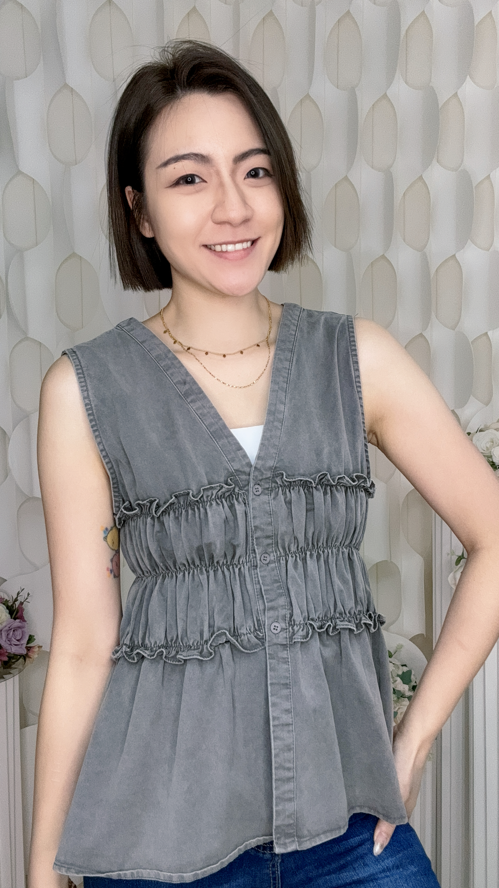 V領褶皺橡筋腰無袖背心上衣(胸30-38 腰28-42 長22吋) 58127 #1407clo