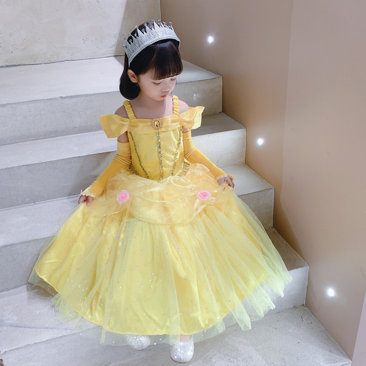 萬聖節 美女與野獸貝兒公主禮服 粉花朵 100-150cm #K53