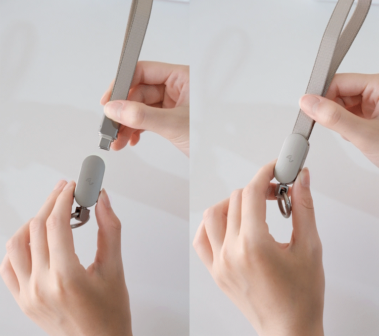 Allite 二合一 USB-C to USB-C 充電掛繩線的插拔與收起方式