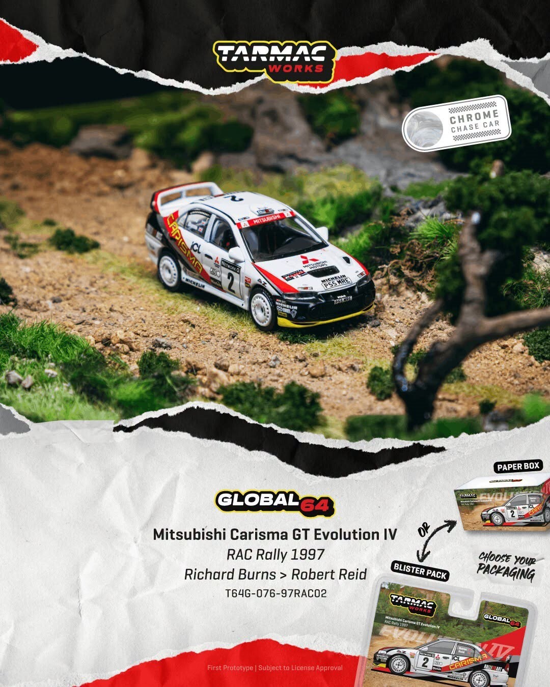 [預訂] Tarmac Works 1/64 三菱Mitsubishi Carisma GT Evolution IV RAC 拉力賽1997 Richard Burns / Robert Reid