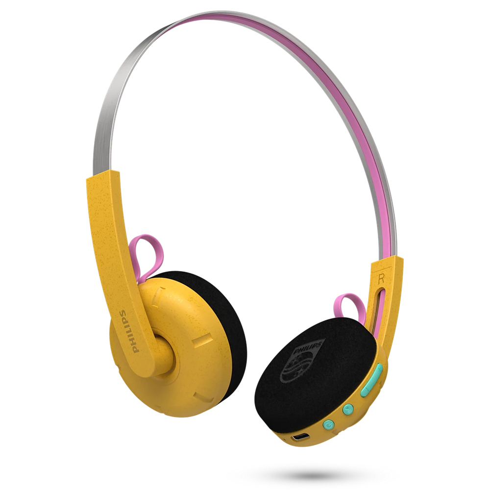 PHILIPS TAMS1 黃色貼耳式藍牙耳機斜側面，展示輕薄頭帶與綠色控制鍵