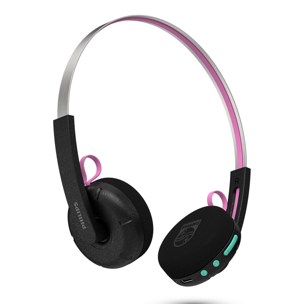 PHILIPS TAMS1 黑色貼耳式藍牙耳機斜側面，展示輕薄頭帶與綠色控制鍵