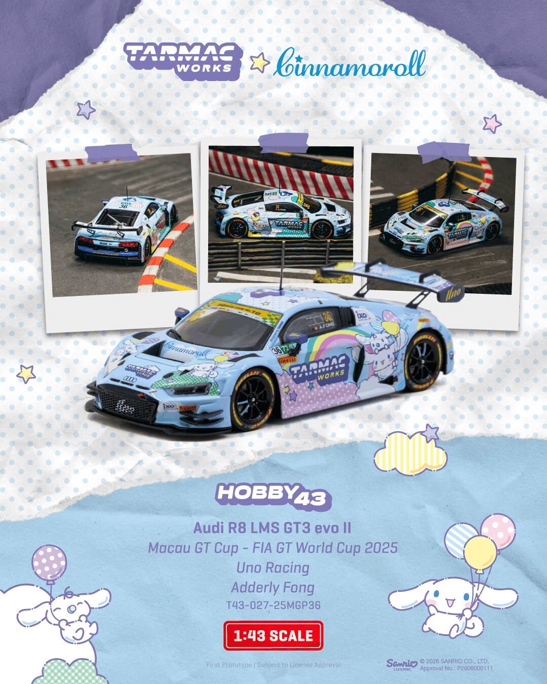 [預訂] Tarmac Works 1/43 Audi R8 LMS GT3 evo II 澳門 GT 盃 - FIA GT 世界盃 2025 Uno Racing Adderly Fong