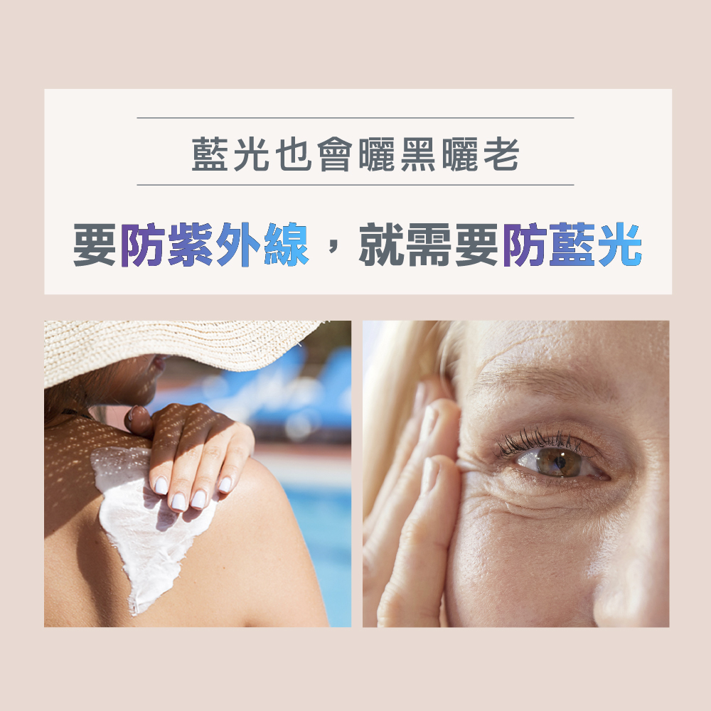 防曬重要性說明，左圖為女子肩部擦防曬乳、右圖為眼周肌膚細紋，提示防紫外線與防藍光對延緩肌膚老化的重要性。