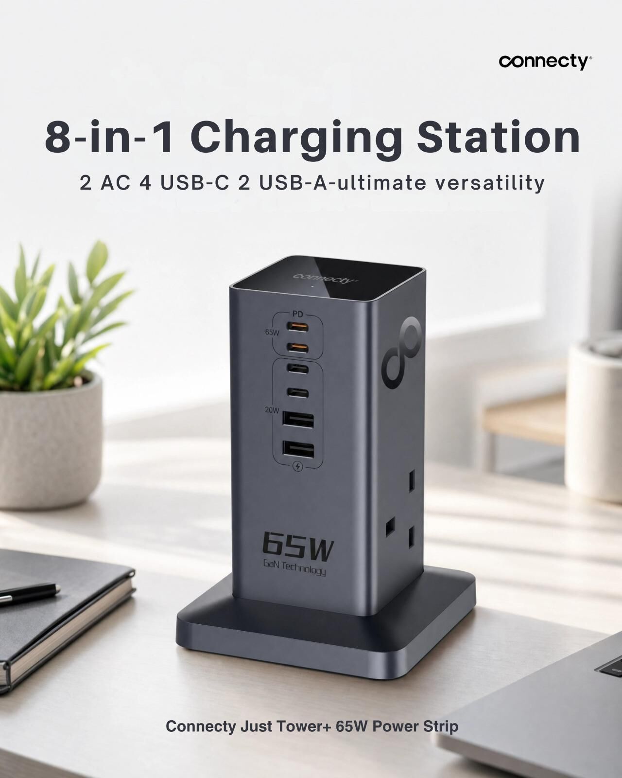 Connecty Just Tower+ 65W 8 IN 1 2AC+6USB Power Strip PS106D
