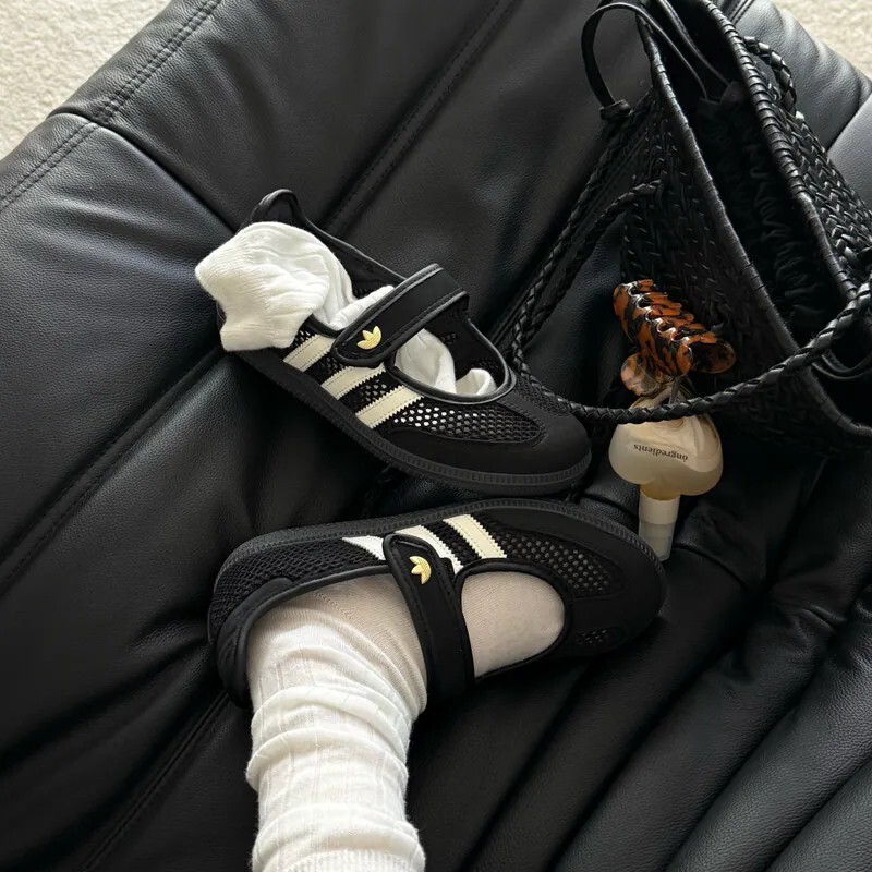 女鞋 ADIDAS SAMBA JANE W 黑色 編織 透氣 金標 魔鬼氈 瑪莉珍鞋 芭蕾舞鞋 德訓鞋 休閒鞋【LA6830】