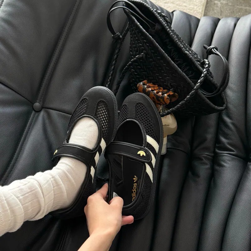 女鞋 ADIDAS SAMBA JANE W 黑色 編織 透氣 金標 魔鬼氈 瑪莉珍鞋 芭蕾舞鞋 德訓鞋 休閒鞋【LA6830】