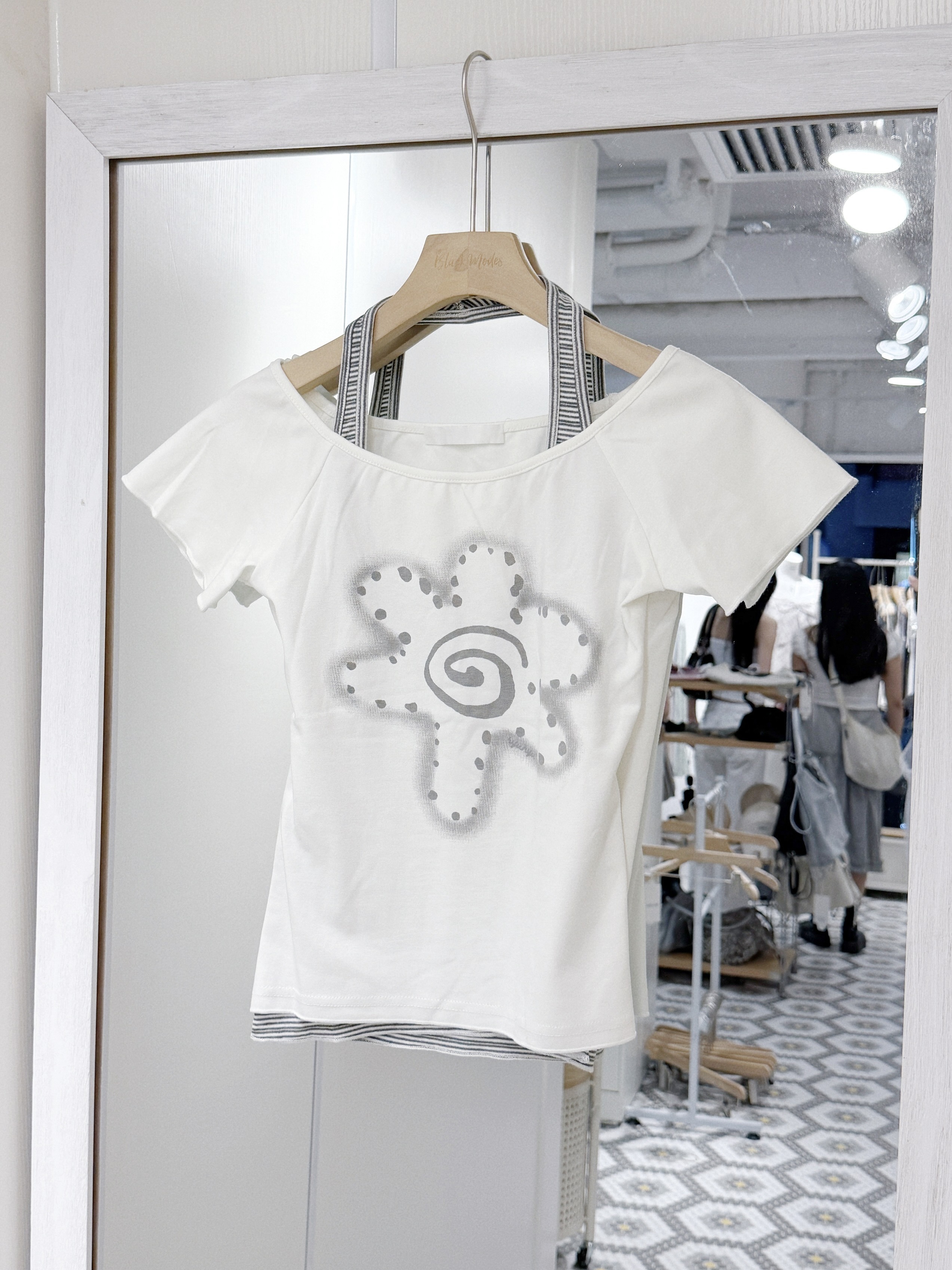 T1601｜花花點點漩渦間紋掛頸假兩件上衣𖤓 ｡𖦹°