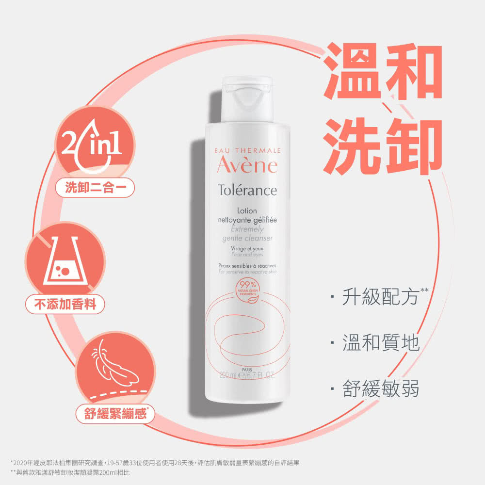 雅漾舒敏洗卸潔顏凝露升級配方特點，具有洗卸二合一、不添加香料、質地溫和及舒緩緊繃感等特性，溫和守護敏弱肌。