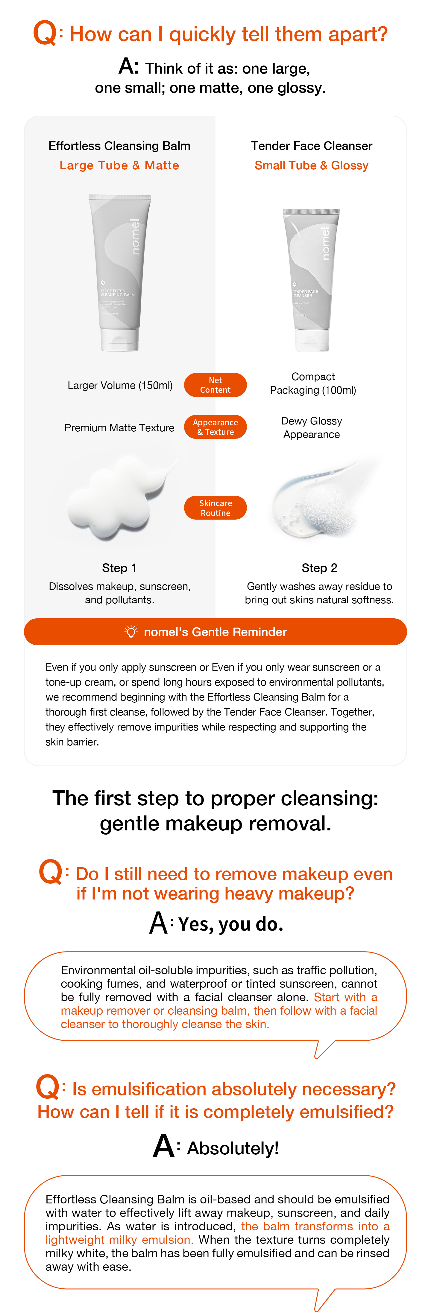nomel Double Cleanse Set FAQ comparing cleansing balm and face cleanser usage