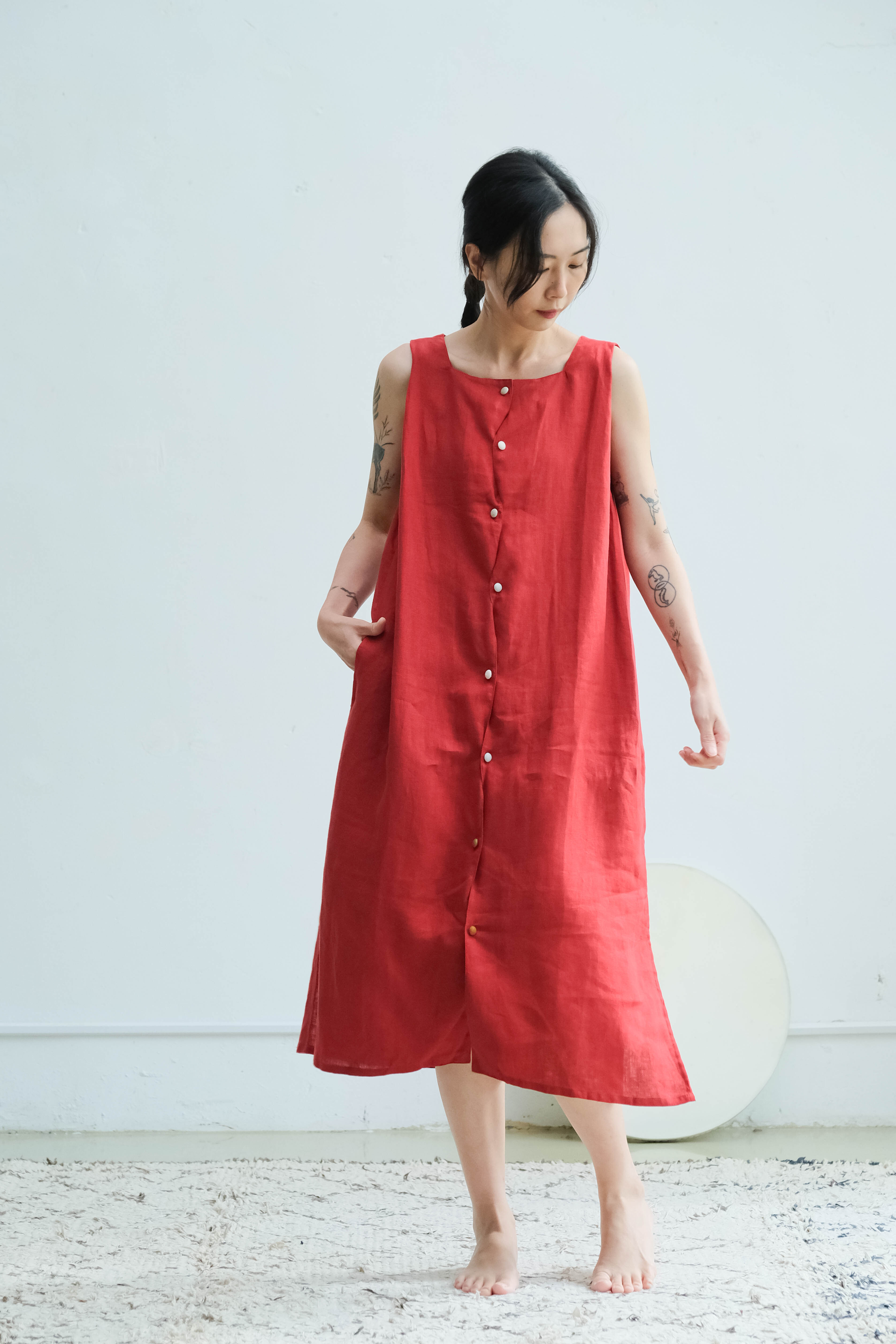 海豚鳥 birphin 波浪洋裝 / 亞麻 紅花色