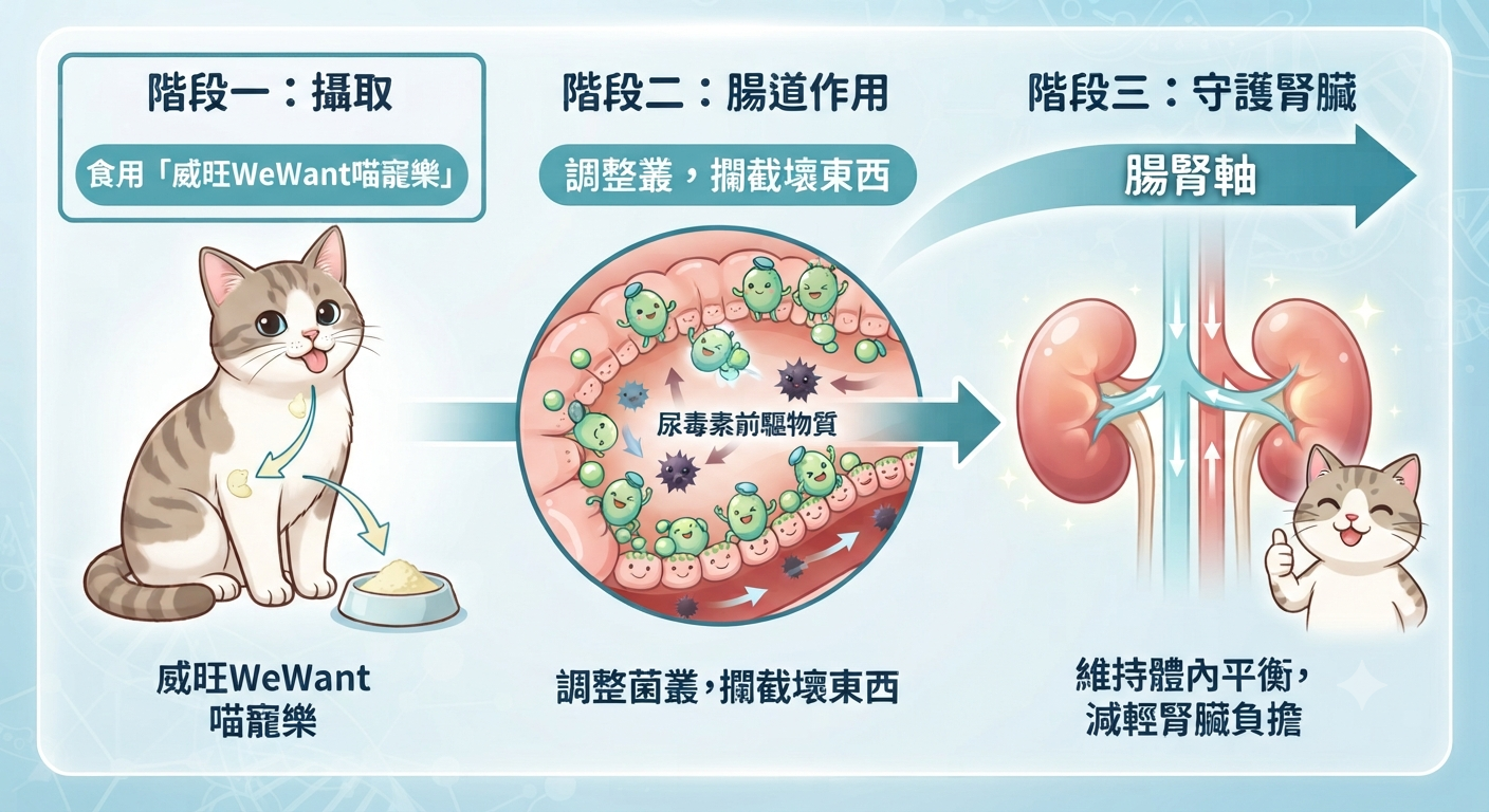 貓咪腎臟指數紅字怎麼辦？威旺 WeWant 喵寵樂專利腎性益生菌，以腸腎軸理論從腸道阻斷毒素，實證守護貓咪腎臟健康，告別每日灌水焦慮。