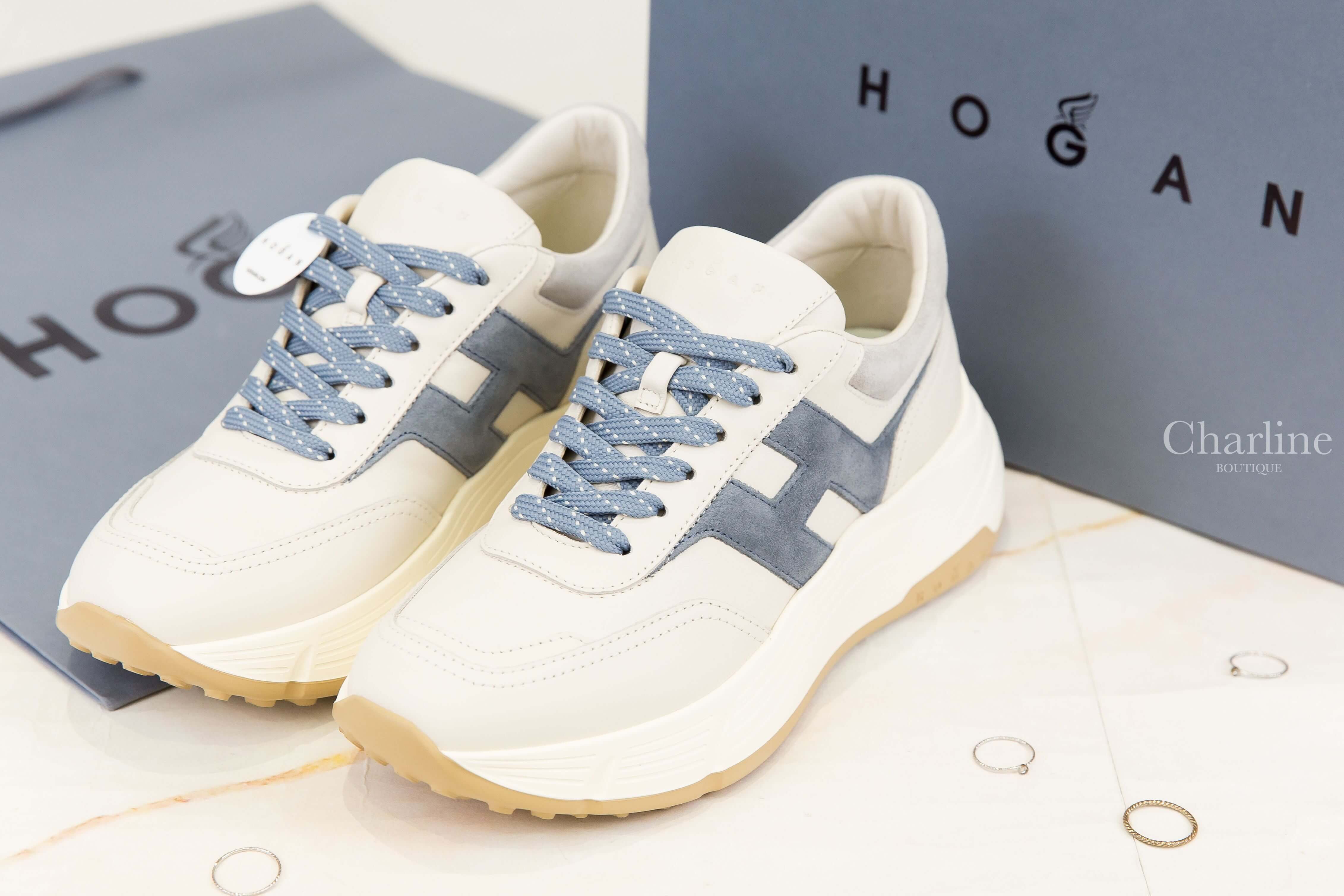 Hogan Sneakers Hogan Hi-Fi 象牙白小牛皮側邊麂皮淺藍色H厚底運動鞋-Charline Boutique 精品代購